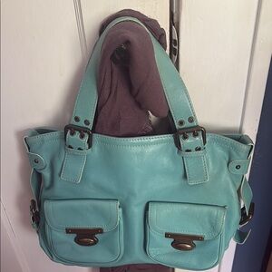 Aqua Leather Tote Bag